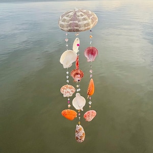May include: A seashell mobile, suspended by a string, featuring a large, patterned shell at the top. Below, various seashells in white, orange, and pink are strung with beads. The background shows calm water and a cloudy sky.