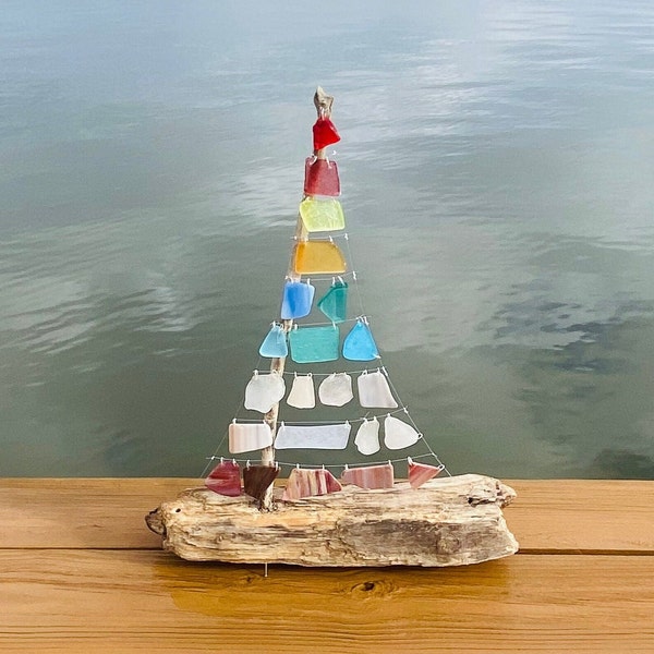 Small Driftwood with Sea Glass Sailboat Table Art - Red, Yellow, Blue, White, Browns Beach Glass Decoration Centerpiece and Silver Wire