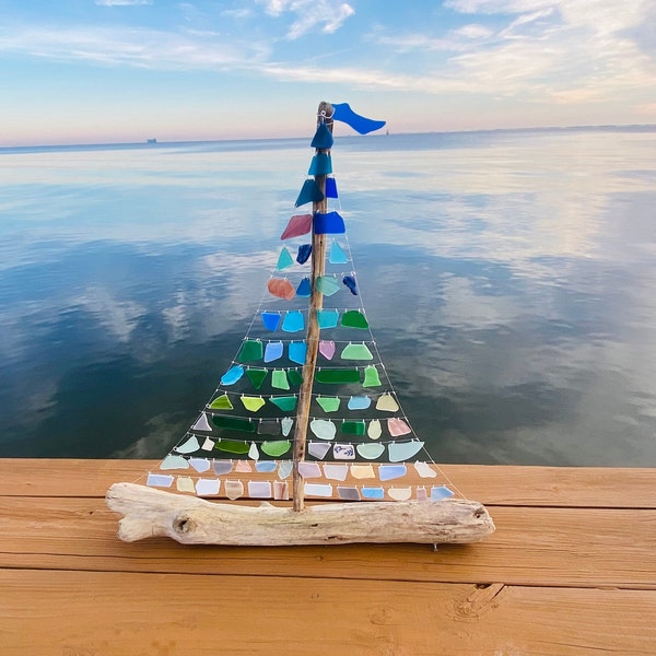 Mega Sea Glass and Driftwood Sailboat Decoration - White, Blues, Seafoam Green, Pink, Purple, & Green Color with Silver Wire Beach Table Art