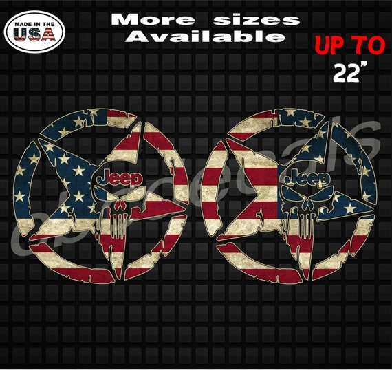 Printed Pair 3D Military Jeep Punisher Star American Flag Decal Sticker