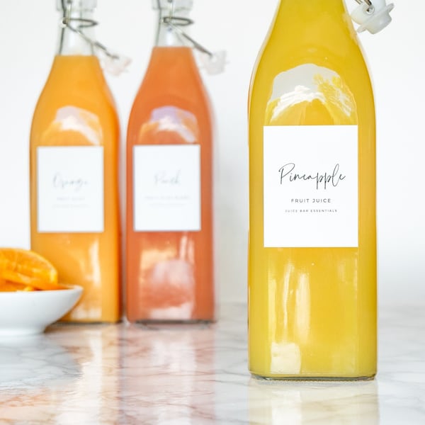 Simple-Script Juice Bar Labels for Parties, Mimosas, and Pantry Organization • Personalization Available • Water Resistant • by Paper & Pear