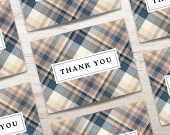 Blue Plaid Thank You Cards • Set of 4, 12, 24, or 48 with Envelopes • Classic Notecard Design • by Nest & Note Print Co.