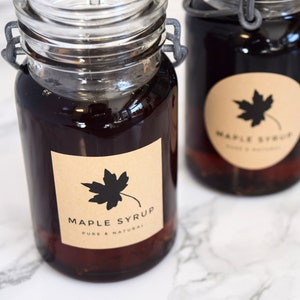 Modern Maple Syrup Labels • Custom • Water and Oil Resistant for Professional Packaging • by Paper & Pear