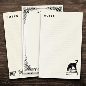 Vintage Literary Notepads • Library Cat, Ornate Flourish + Naturalist Moths • 5" x 8” Cream Paper Memo Pads • by Nest & Note Print Co.