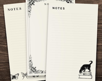 Vintage Literary Notepads • Library Cat, Ornate Flourish + Naturalist Moths • 5" x 8” Cream Paper Memo Pads • by Nest & Note Print Co.