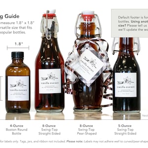 May include: Image of vanilla extract bottles with labels measuring 1.8" x 1.8". The bottles vary in size and shape, including a 4-ounce Boston round bottle and 8-ounce swing-top bottles. The labels feature the text "vanilla extract".