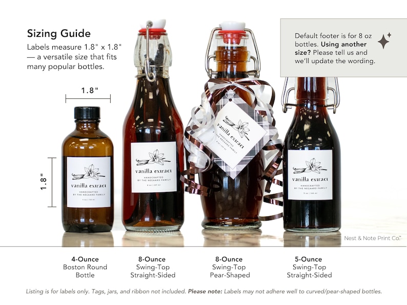 May include: Image of vanilla extract bottles with labels measuring 1.8" x 1.8". The bottles vary in size and shape, including a 4-ounce Boston round bottle and 8-ounce swing-top bottles. The labels feature the text "vanilla extract".