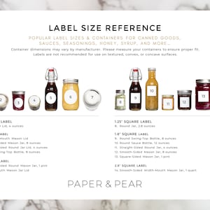 May include: A chart with a white background and black text showing different sizes of round and square labels for jars and bottles. The chart includes a visual representation of each label size with corresponding measurements in ounces and pints. The chart is titled "Label Size Reference" and includes the text "Paper & Pear".