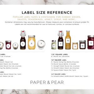 May include: A chart with a white background and black text showing different sizes of round and square labels for jars and bottles. The chart includes a visual representation of each label size with corresponding measurements in ounces and pints. The text "LABEL SIZE REFERENCE" is at the top of the chart. The text "PAPER & PEAR" is at the bottom of the chart.