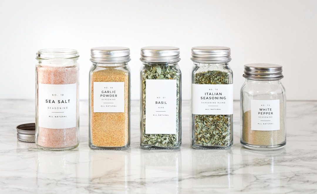 Modern-numbered Spice Labels Water and Oil Resistant Personalization  Available by Paper & Pear 