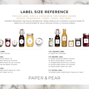 May include: A chart with a white background and black text showing different sizes of round and square labels for jars and bottles. The chart includes a visual representation of each label size with corresponding measurements in ounces and pints. The text "LABEL SIZE REFERENCE" is at the top of the chart. The text "PAPER & PEAR" is at the bottom of the chart.