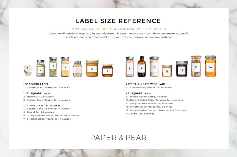 May include: A chart with a white background and black text showing different label sizes for spice containers. The chart includes images of various jars and bottles with labels numbered 1 through 14. The chart also includes the text "LABEL SIZE REFERENCE" and "PAPER & PEAR".