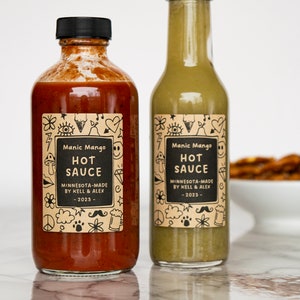 Retro-Doodle Hot Sauce and Salsa Labels • Neon Color Options • Custom Labels For Professional Packaging • by Paper & Pear