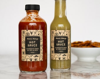 Retro-Doodle Hot Sauce and Salsa Labels • Neon Color Options • Custom Labels For Professional Packaging • by Paper & Pear