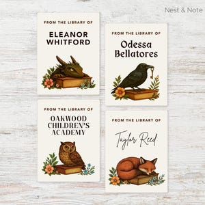 May include: Four rectangular library cards with illustrations of a dragon, raven, owl, and fox. Each card has the text "FROM THE LIBRARY OF" followed by a name. The dragon, raven, owl, and fox are resting on books.