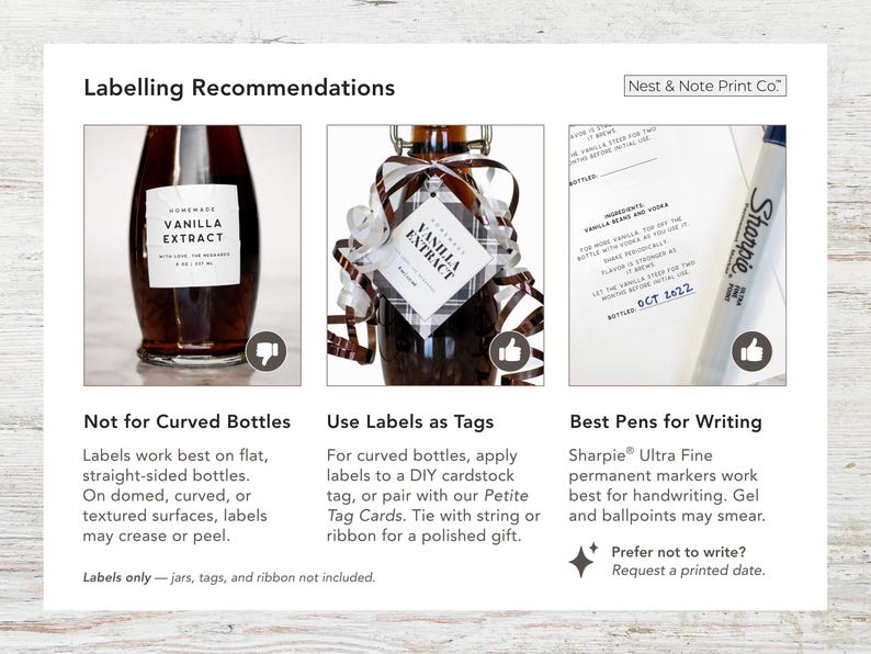 May include: Image showing labeling recommendations for vanilla extract bottles. Includes examples of straight-sided and curved bottles, and a Sharpie marker. Text advises on label application and best pens for writing.