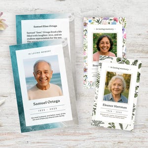 May include: Memorial cards with photos of individuals, featuring text like "In Loving Memory" and names with dates. The cards have floral and ocean-themed backgrounds. One card displays "Samuel Ortega" and another "Eleanor Hartman".