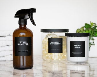Modern-Block Black Soap, Home, + Cleaning Labels • Set of 36 Laminated, Water and Oil Resistant Stickers • by Paper & Pear
