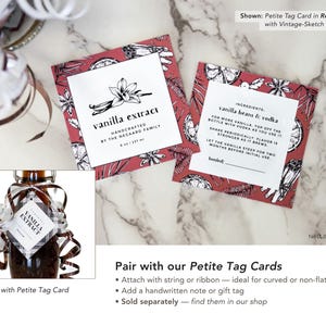 May include: Two Petite Tag Cards with red botanical designs and white text. One card reads "vanilla extract" with a vanilla flower illustration. The other card lists ingredients and instructions. A jar of vanilla extract with a tag is shown.