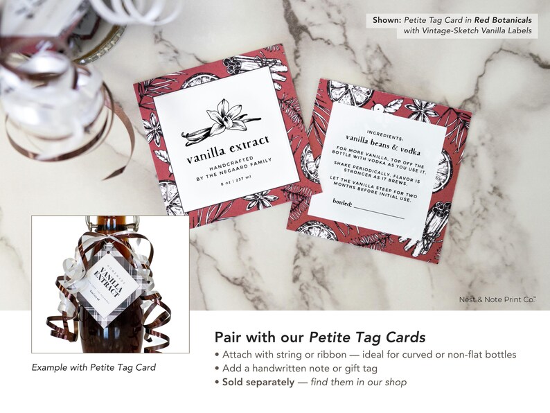 May include: Two Petite Tag Cards with red botanical designs and white text. One card reads "vanilla extract" with a vanilla flower illustration. The other card lists ingredients and instructions. A jar of vanilla extract with a tag is shown.