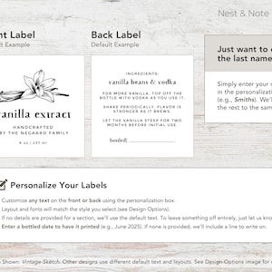 May include: Vanilla extract label with a floral illustration and text. The label reads "vanilla extract" and "Handcrafted by The Negaard Family." The back label lists ingredients and instructions. The image also includes instructions for personalization.