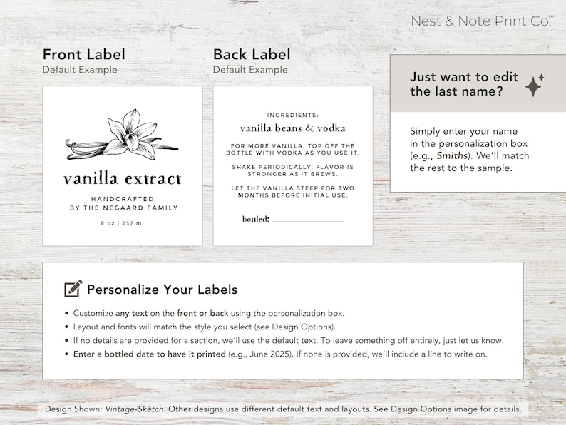 May include: Vanilla extract label with a floral illustration and text. The label reads "vanilla extract" and "Handcrafted by The Negaard Family." The back label lists ingredients and instructions. The image also includes instructions for personalization.