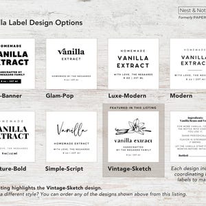 May include: A selection of vanilla extract label designs in black and white. The labels feature the words "Homemade Vanilla Extract" in various fonts. One label includes a vanilla flower illustration. The labels are for 8 oz / 237 ml bottles.