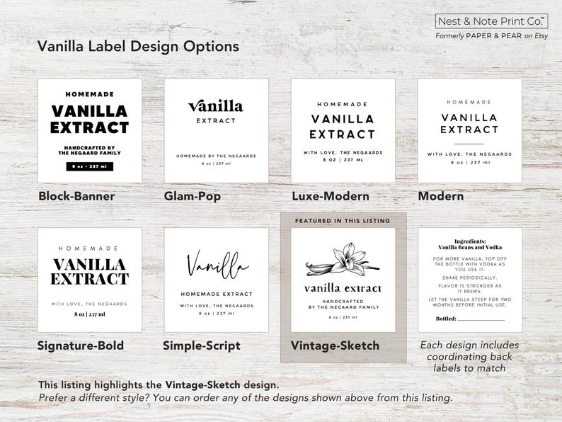 May include: A selection of vanilla extract label designs in black and white. The labels feature the words "Homemade Vanilla Extract" in various fonts. One label includes a vanilla flower illustration. The labels are for 8 oz / 237 ml bottles.
