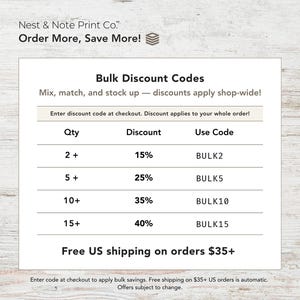 May include: White graphic with text: "Nest & Note Print Co. Order More, Save More!" and "Bulk Discount Codes". Details discounts for bulk orders: 15% off 2+, 25% off 5+, 35% off 10+, and 40% off 15+. Free US shipping on orders $35+.