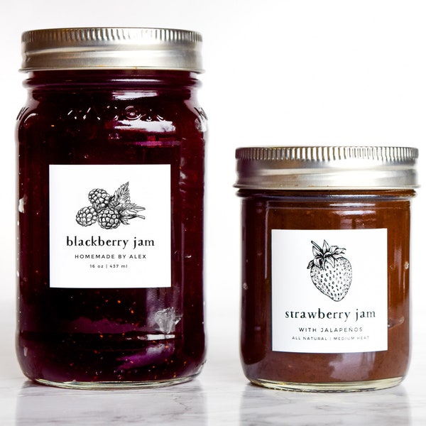 Vintage-Sketch Berry Jam + Jelly Labels • Custom Stickers for Packaging, Bottles, and Mason Jars • by Paper & Pear