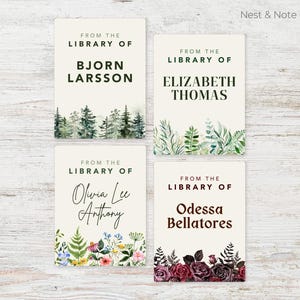 May include: Four rectangular library labels with names and floral or forest illustrations. The labels read "From the Library of" followed by the names Bjorn Larsson, Elizabeth Thomas, Olivia Lee Anthony, and Odessa Bellatores.