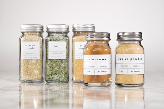 Modern-numbered Spice Labels Water and Oil Resistant Personalization  Available by Paper & Pear 