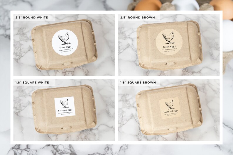May include: Four cardboard egg cartons with different sizes and colors. Two cartons are 2.5 inches round, one is white and one is brown. Two cartons are 1.8 inches square, one is white and one is brown. Each carton has a sticker with a chicken illustration and text. The round cartons have "fresh eggs" stickers. The square cartons have "backyard eggs" stickers.