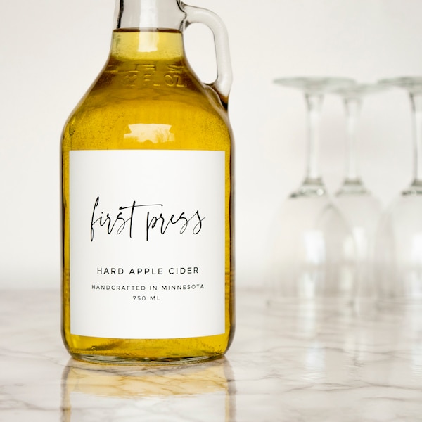 Simple-Script Hard Cider, Apple Juice + Wine Labels • Personalization Available • Water and Oil Resistant • by Paper & Pear