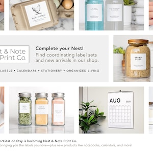 May include: Nest & Note Print Co. is a company that sells custom labels, calendars, stationery, and organized living products. The image shows a variety of products, including labels for eggs, brown sugar, and spices, as well as a calendar and a jar of honey.
