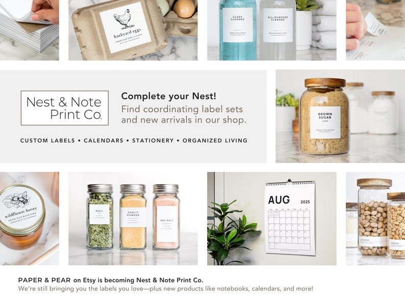 May include: Nest & Note Print Co. is a company that sells custom labels, calendars, stationery, and organized living products. The image shows a variety of products, including labels for eggs, brown sugar, and spices, as well as a calendar and a jar of honey.
