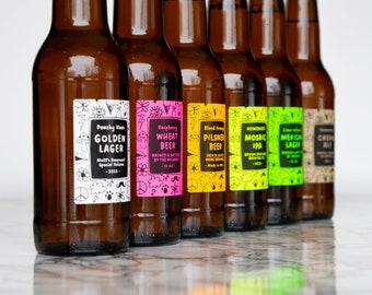 Retro-Doodle Beer Labels • Neon Color Options • Custom Labels For Professional Packaging • by Paper & Pear