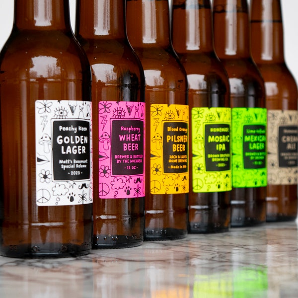 Retro-Doodle Beer Labels • Neon Color Options • Custom Labels For Professional Packaging • by Paper & Pear