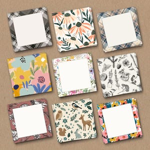 May include: Nine square notebooks with various patterned covers. Designs include floral, plaid, and nature-themed illustrations. Each notebook has a white square in the center, providing space for notes or personalization. The notebooks are arranged on a neutral brown surface.
