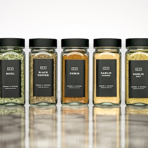 Modern-Block Black Spice Labels • Set of 80 Laminated, Water and Oil Resistant Stickers • by Paper & Pear