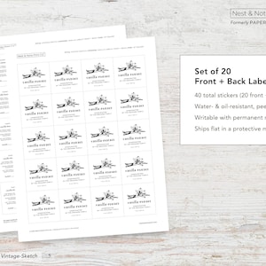 May include: Set of 20 front and back labels with a vintage sketch design. The labels are for vanilla extract and are water and oil-resistant. The labels are peel and stick and writable with a permanent marker.