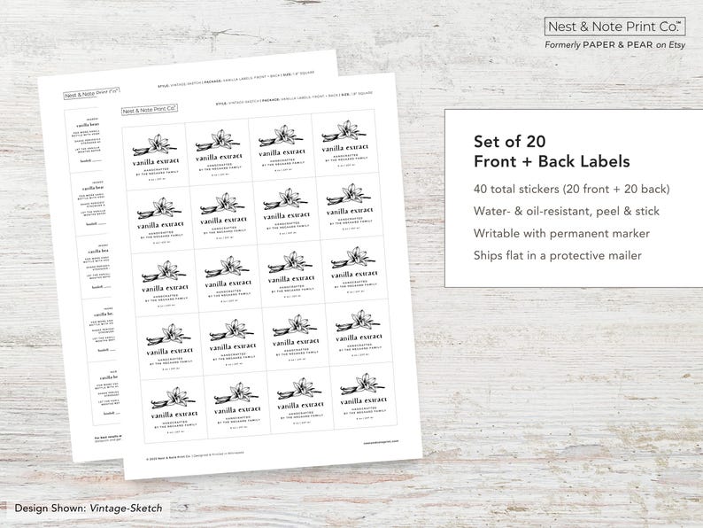 May include: Set of 20 front and back labels with a vintage sketch design. The labels are for vanilla extract and are water and oil-resistant. The labels are peel and stick and writable with a permanent marker.