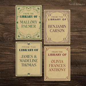 May include: Four rectangular bookplates with cream-colored backgrounds and dark borders. Each features the text FROM THE LIBRARY OF followed by names: Mallory Palmer, Benjamin Carson, James & Madeline Thomas, and Olivia Frances Anthony in various fonts.