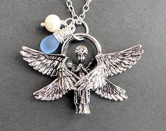 Seraphim Necklace. Praying Angel Charm Necklace. Christian Necklace with Optional Teardrop and Pearl. Silver Necklace. Christian Jewelry.