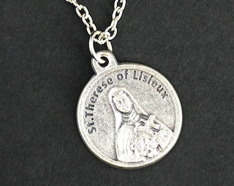 St Therese of Lisieux Necklace. Therese Prayer Necklace. Round Medal Necklace. Catholic Jewelry. Patron Saint Therese Necklace.