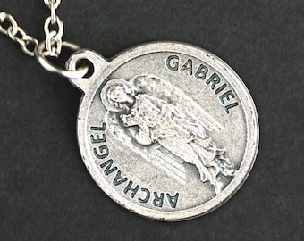 Archangel Gabriel Necklace. Saint Gabriel Prayer Necklace. Round Medal Necklace. Catholic Jewelry. Catholic Angel Necklace.