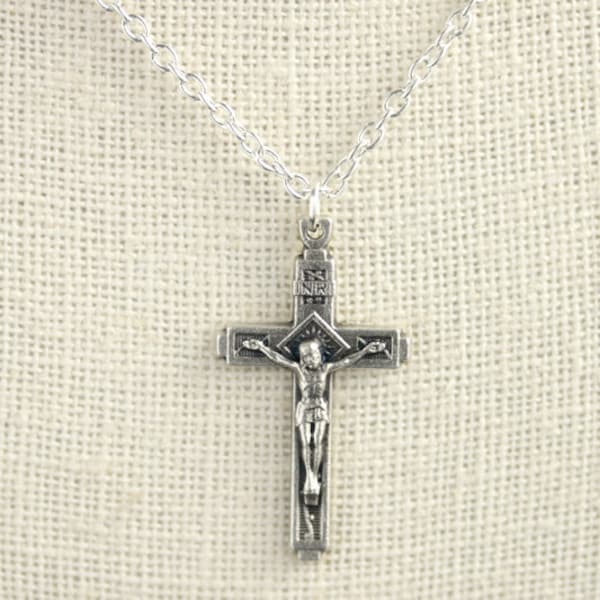 Crucifix Necklace. Catholic Cross Necklace. INRI Necklace. Catholic Necklace. Silver Necklace. Catholic Jewelry. Handmade Necklace.