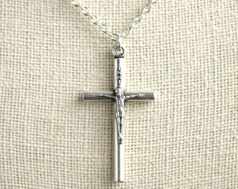 Tube Crucifix Necklace. Catholic Necklace. INRI Cross Necklace. Tube Cross Necklace. Silver Necklace. Catholic Jewelry. Handmade Necklace.
