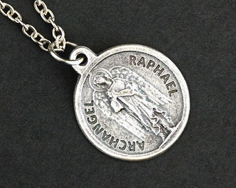 Collier archange Raphaël. Collier de prière ange catholique Raphaël. Collier médaille ronde. Bijoux catholiques. Collier ange.