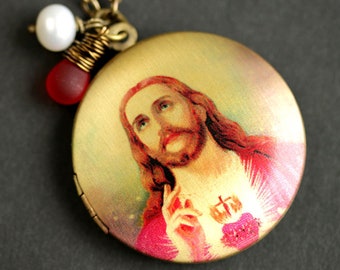 Jesus Locket Necklace. Sacred Heart Necklace with Red Teardrop and Fresh Water Pearl Charm. Sacred Heart Locket. Jesus Necklace.